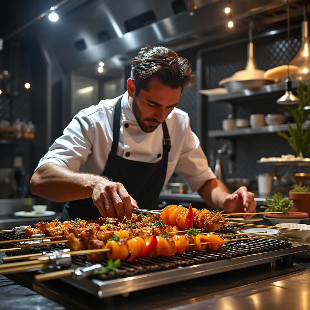 Chef preparando kebabs